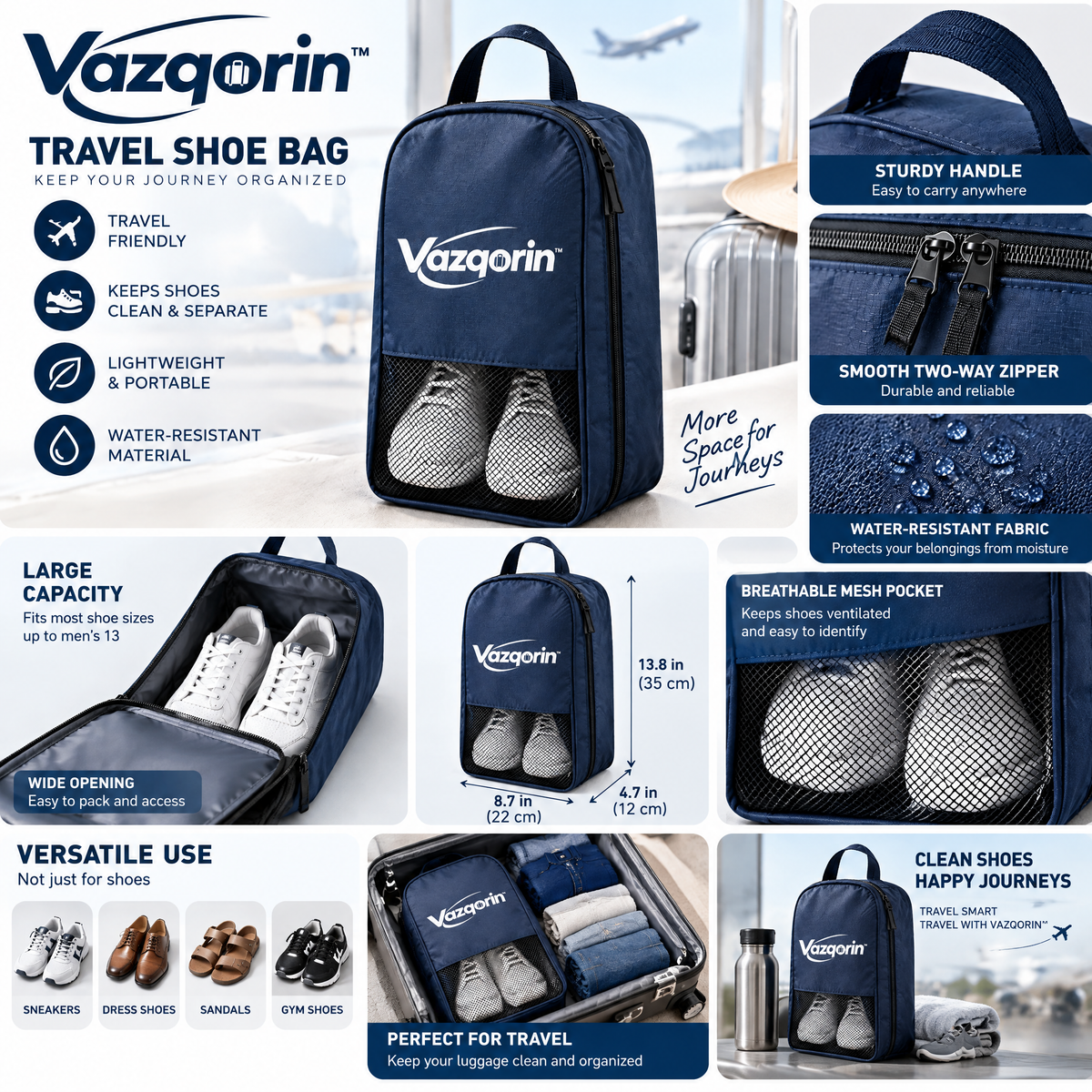 Vazqorin™ Portable Travel Shoe Bag, Water-Resistant Shoe Pouch with Breathable Mesh &amp; Sturdy Handle for Luggage and Gym