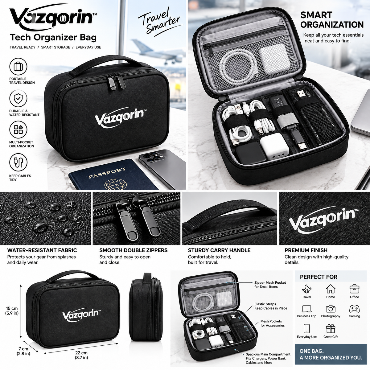 Vazqorin™ Travel Cable Organizer Bag – Portable Water-Resistant Tech Pouch &amp; Electronics Accessories Case for Chargers, Cords, and Everyday Gadgets