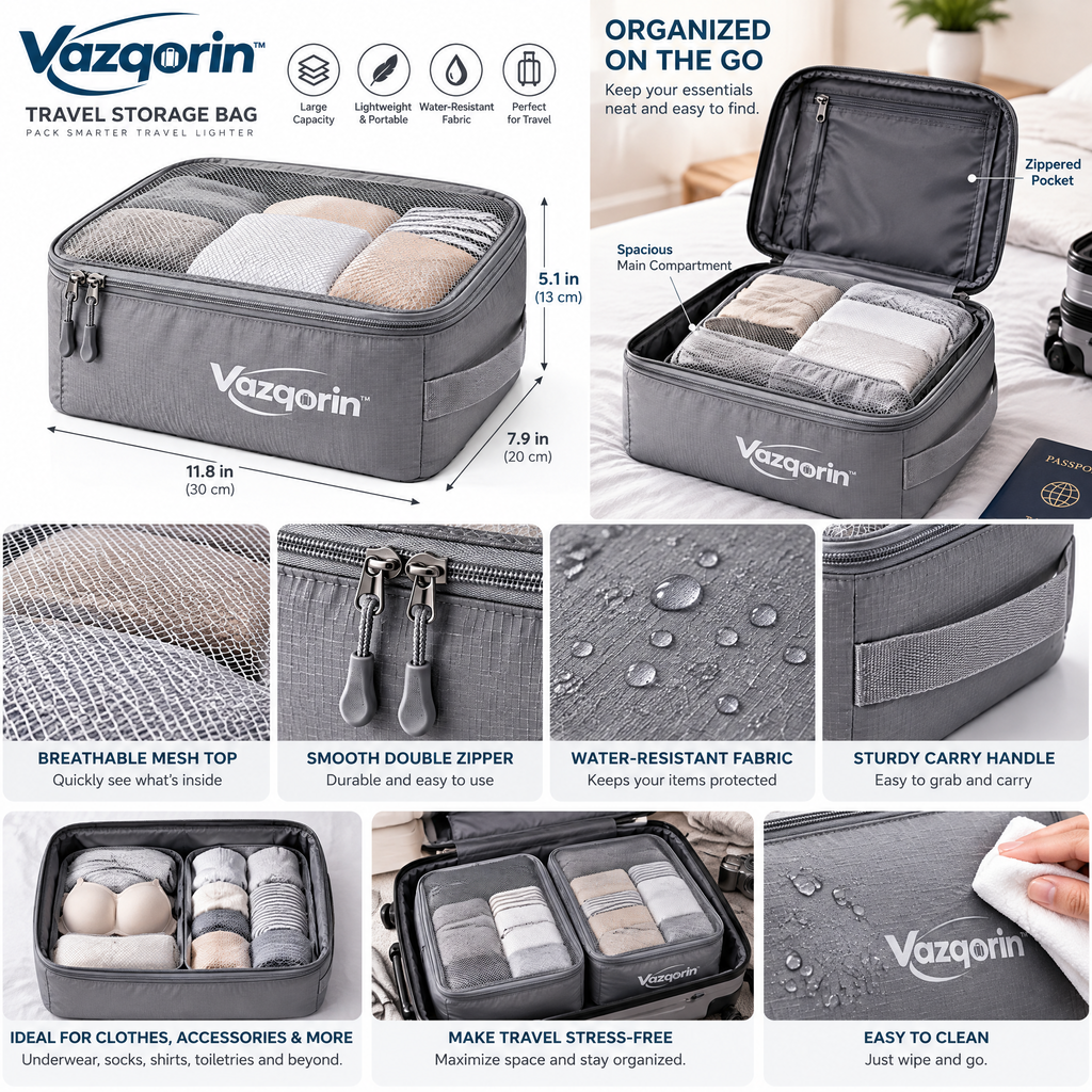 Vazqorin™ Travel Storage Bag, Lightweight Water-Resistant Packing Cube with Breathable Mesh Top for Suitcases &amp; Luggage