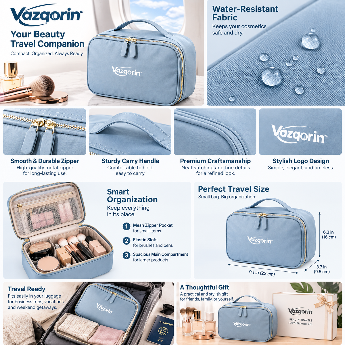 Vazqorin™ Travel Makeup Bag – Lightweight, Water-Resistant Cosmetic Organizer with Handle (Slate Blue)