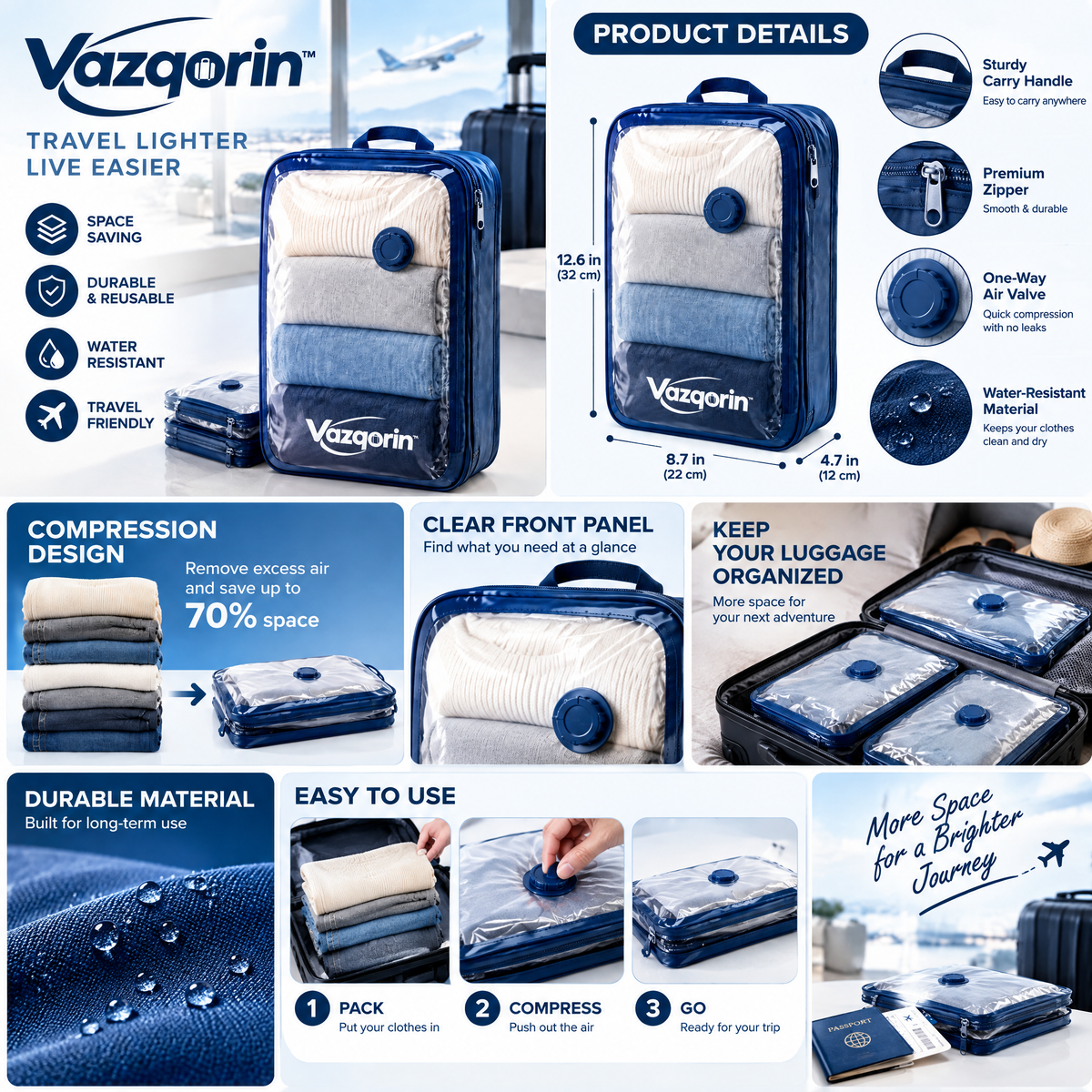 Vazqorin™ Compression Storage Bags – Space-Saving Vacuum Packing Organizers for Luggage &amp; Travel (Up to 70% Space Saver)