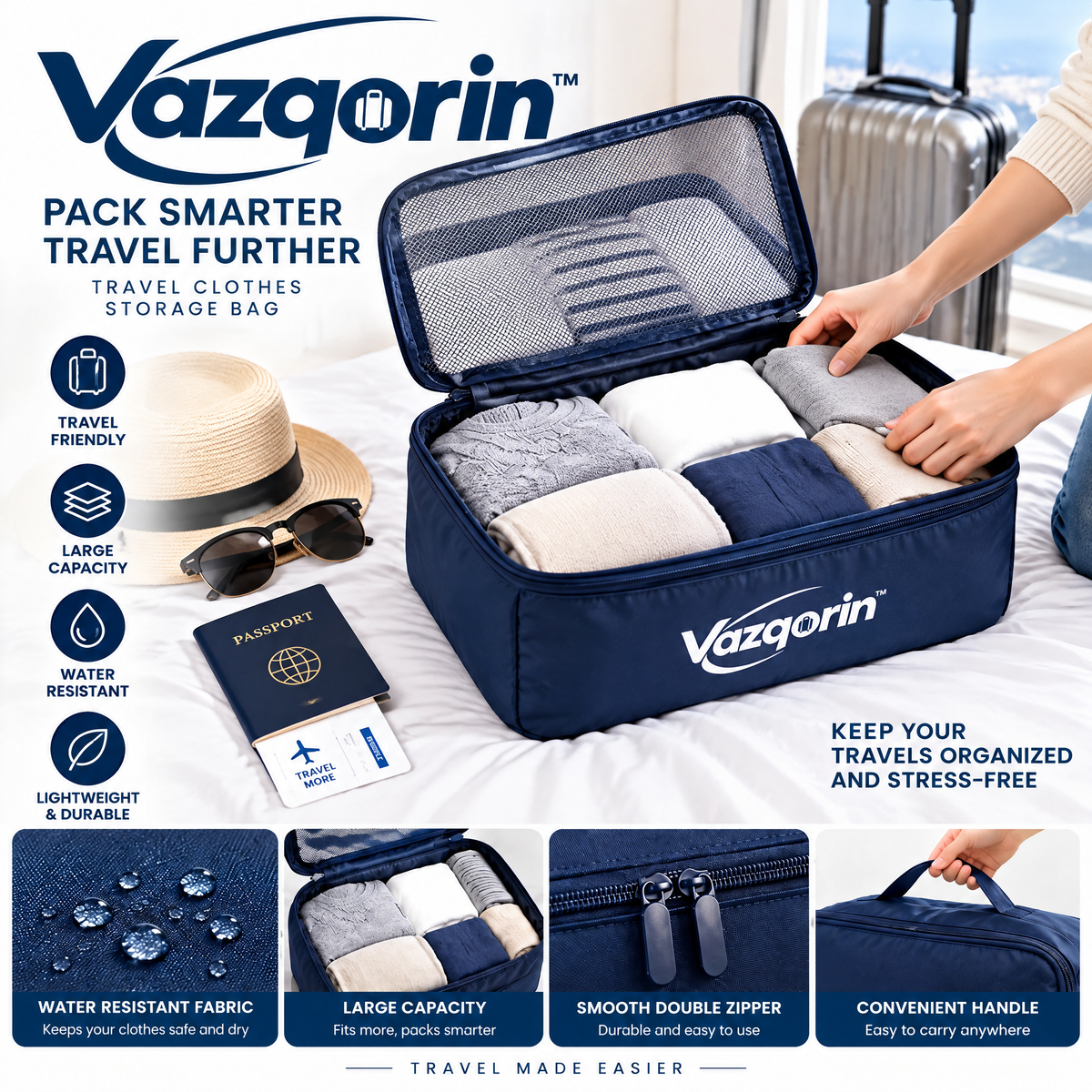 Vazqorin™ Travel Clothes Storage Bag - Large Capacity Water-Resistant Packing Cube with Handle &amp; Breathable Mesh for Suitcases