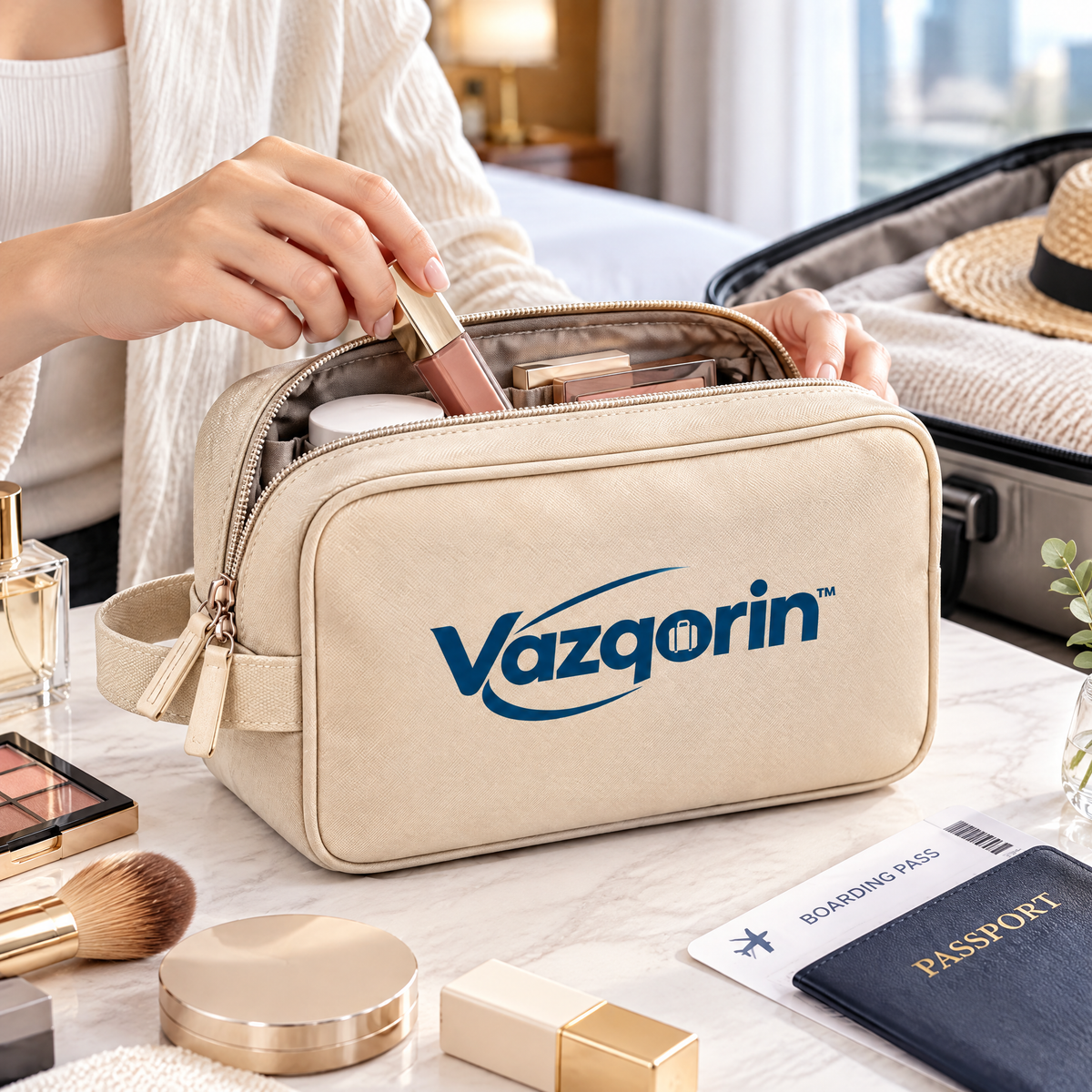 Vazqorin™ Portable Travel Makeup Pouch – Lightweight Cosmetic Bag &amp; Spacious Toiletry Organizer with Side Handle