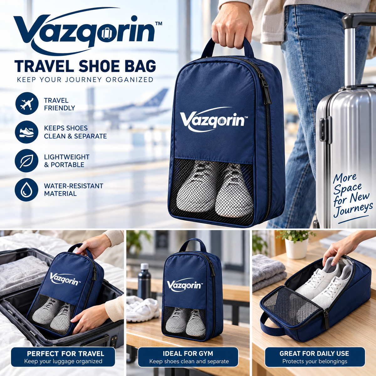 Vazqorin™ Portable Travel Shoe Bag, Water-Resistant Shoe Pouch with Breathable Mesh &amp; Sturdy Handle for Luggage and Gym