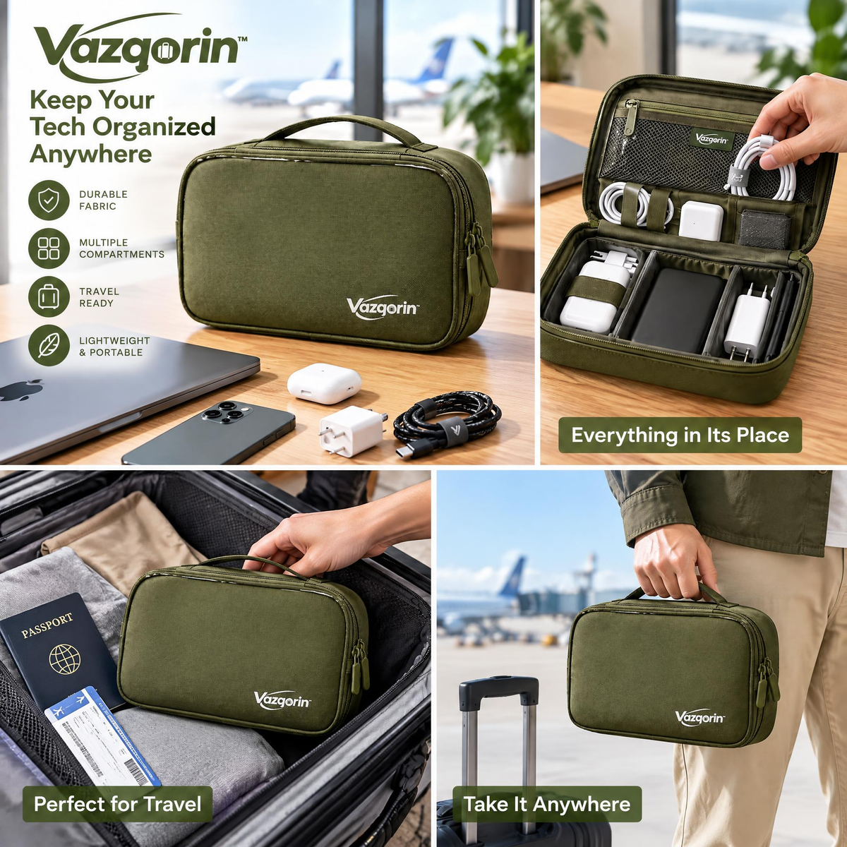 Vazqorin™ Travel Electronics Organizer Bag – Compact Cable &amp; Tech Accessory Pouch with Handle, Water-Resistant Small Gadget Storage Case for Chargers, Cords, and Power Banks (Olive Green)
