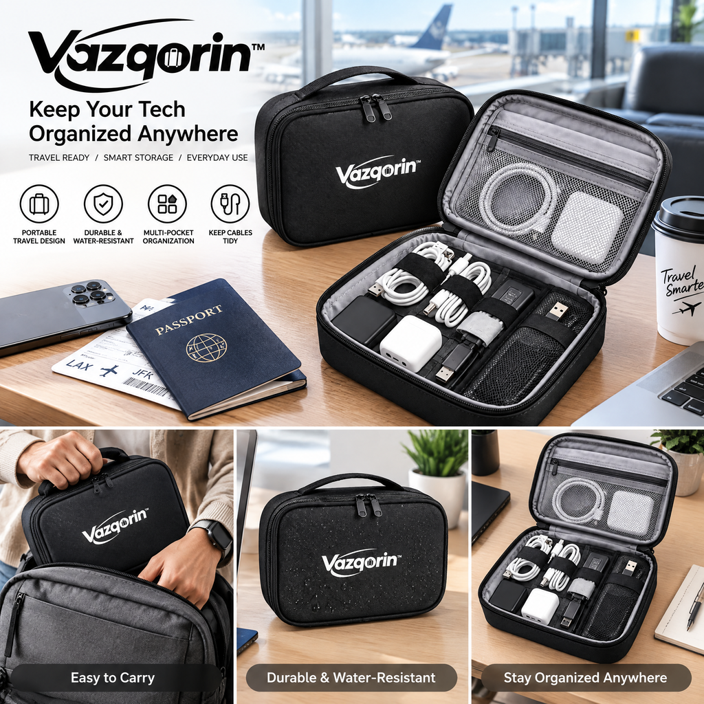 Vazqorin™ Travel Cable Organizer Bag – Portable Water-Resistant Tech Pouch &amp; Electronics Accessories Case for Chargers, Cords, and Everyday Gadgets