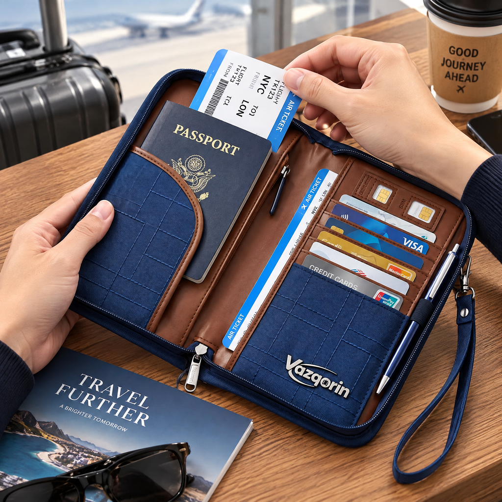 Vazqorin™ RFID-Blocking Travel Passport Wallet &amp; Document Organizer with Removable Wristlet Strap