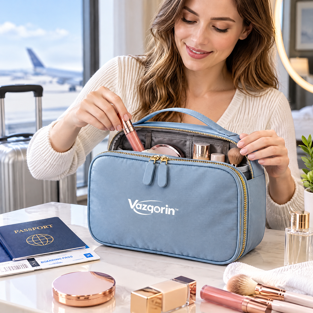 Vazqorin™ Travel Makeup Bag – Lightweight, Water-Resistant Cosmetic Organizer with Handle (Slate Blue)