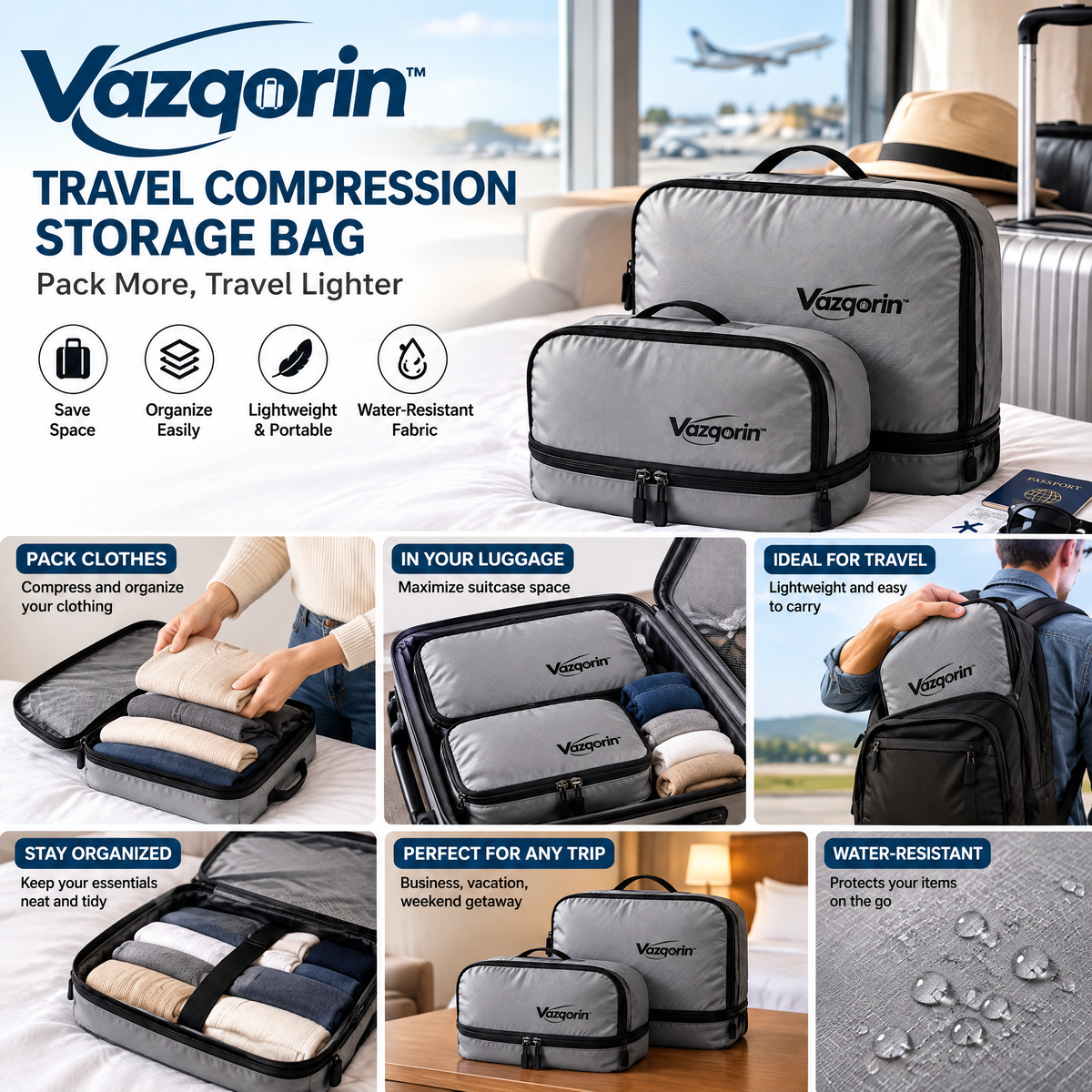 Vazqorin™ Travel Compression Packing Cubes – Lightweight, Water-Resistant Luggage Organizer Bags with Heavy-Duty Zippers