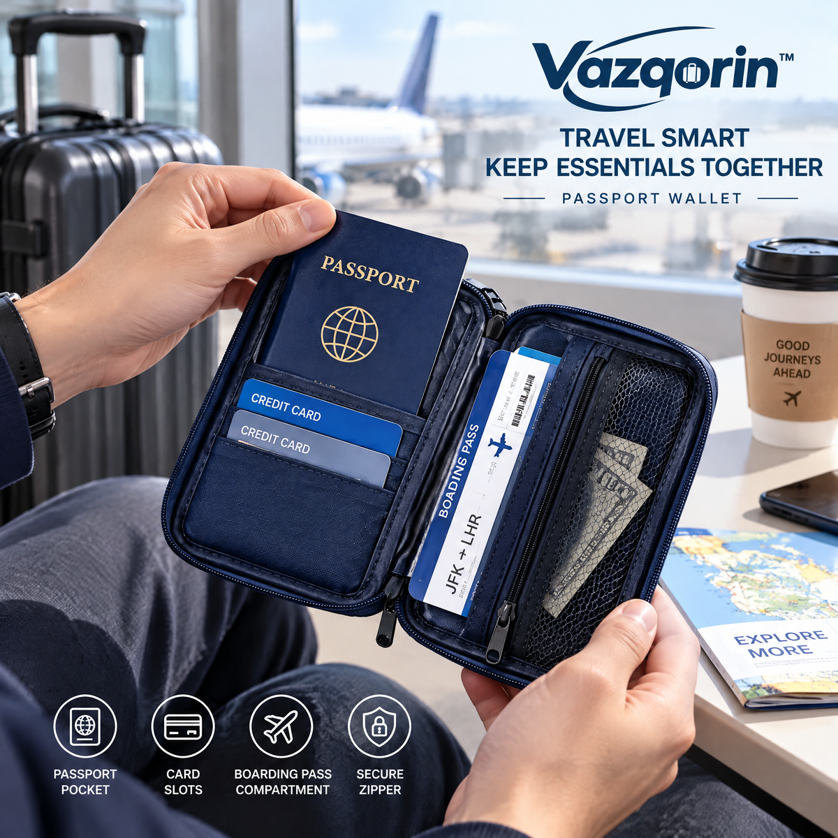 Vazqorin™ Zippered Passport Wallet – Compact Travel Document Organizer with Wristlet Strap, Card Slots &amp; Boarding Pass Pocket (Navy Blue)