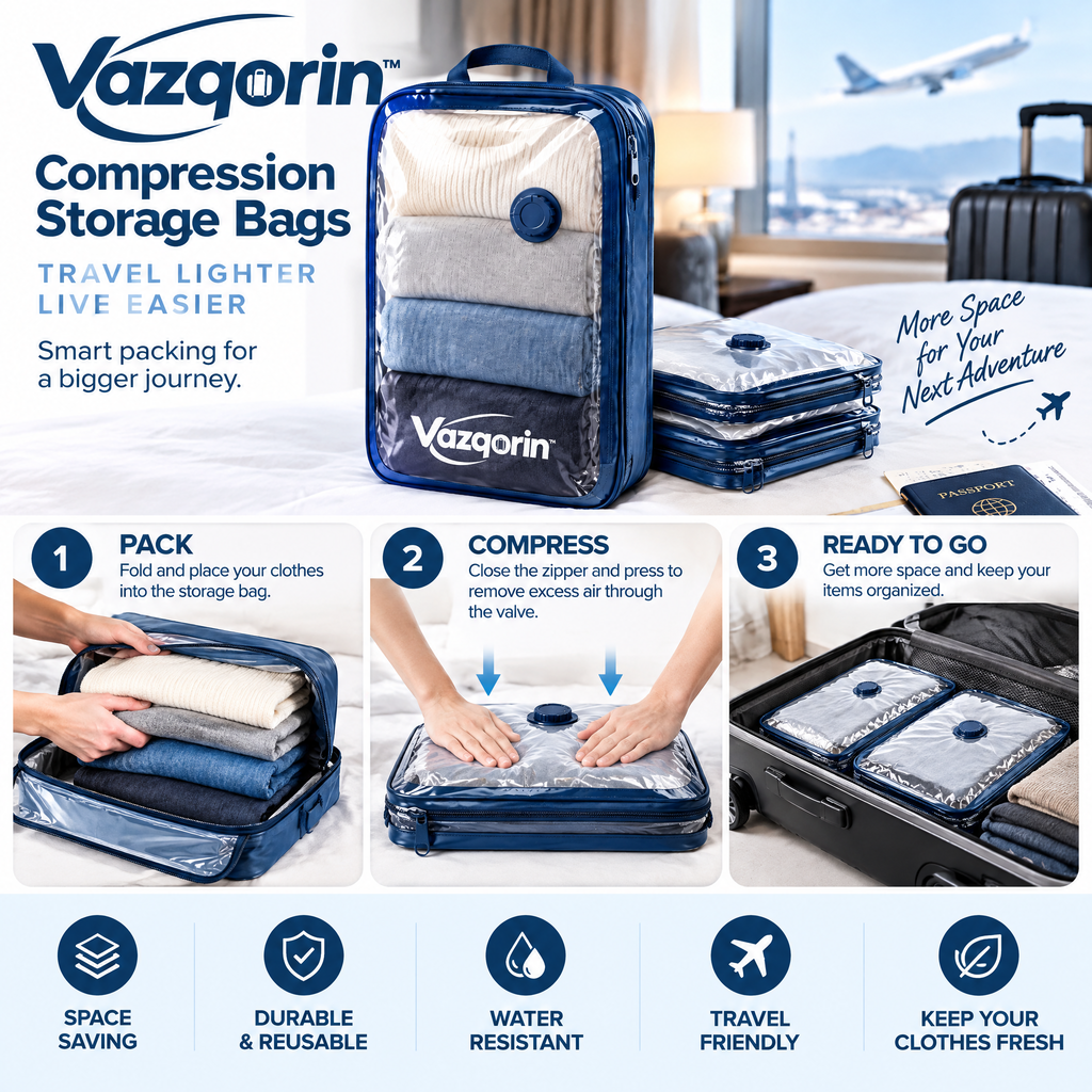 Vazqorin™ Compression Storage Bags – Space-Saving Vacuum Packing Organizers for Luggage &amp; Travel (Up to 70% Space Saver)
