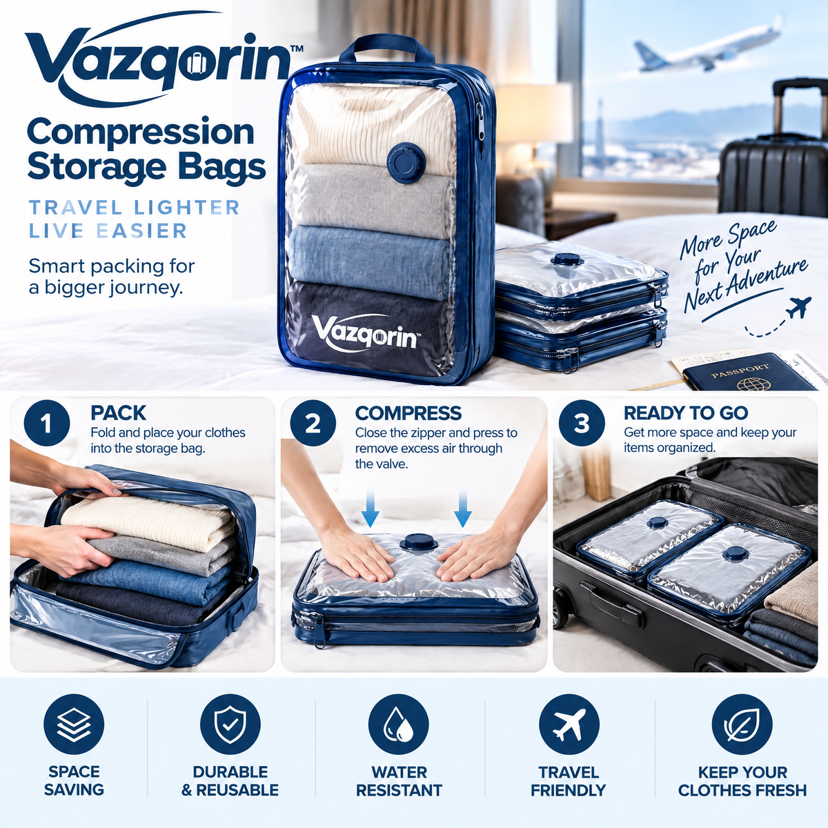 Vazqorin™ Compression Storage Bags – Space-Saving Vacuum Packing Organizers for Luggage &amp; Travel (Up to 70% Space Saver)